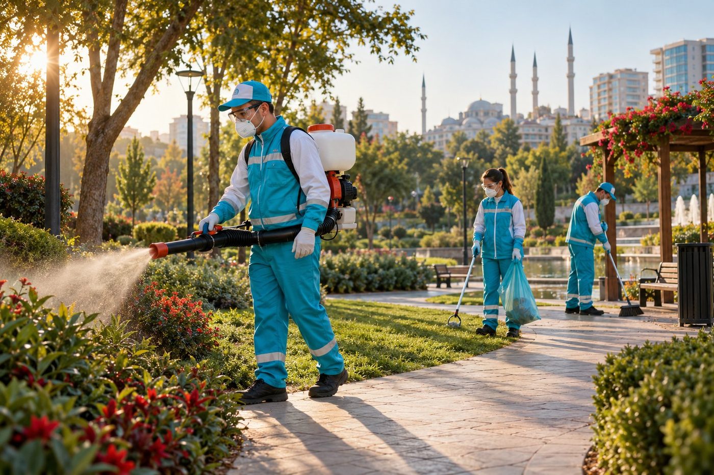 Sabah ışığında temiz bir kent meydanında çalışan üniformalı Vekontek saha ekibi