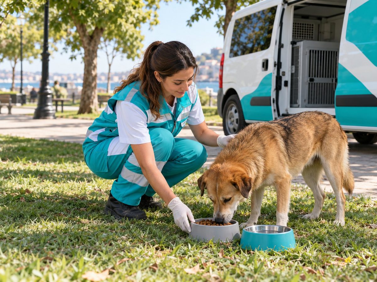 Vekontek ekibi bir sokak köpeğine şefkatle yaklaşarak toplama ve bakım için hazırlanırken
