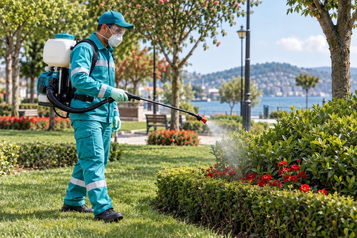Koruyucu ekipmanlı Vekontek ekibi bir belediye sahasında ilaçlama uygulaması yaparken